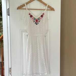 Hollister White Lace Mini Dress with Pink & Green Floral Embroidery